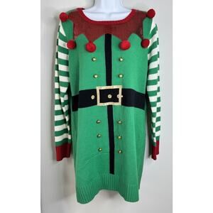 Holiday Women's Ugly Tacky Christmas Sweater L Bells Elf Pom Poms Sequins Dress